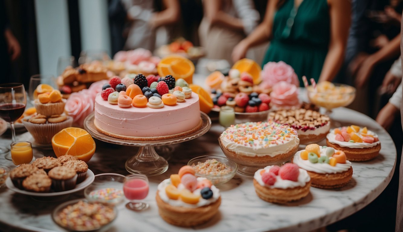 A table overflowing with colorful and decadent desserts, surrounded by excited guests at a bachelorette party Bachelorette Party Food Ideas