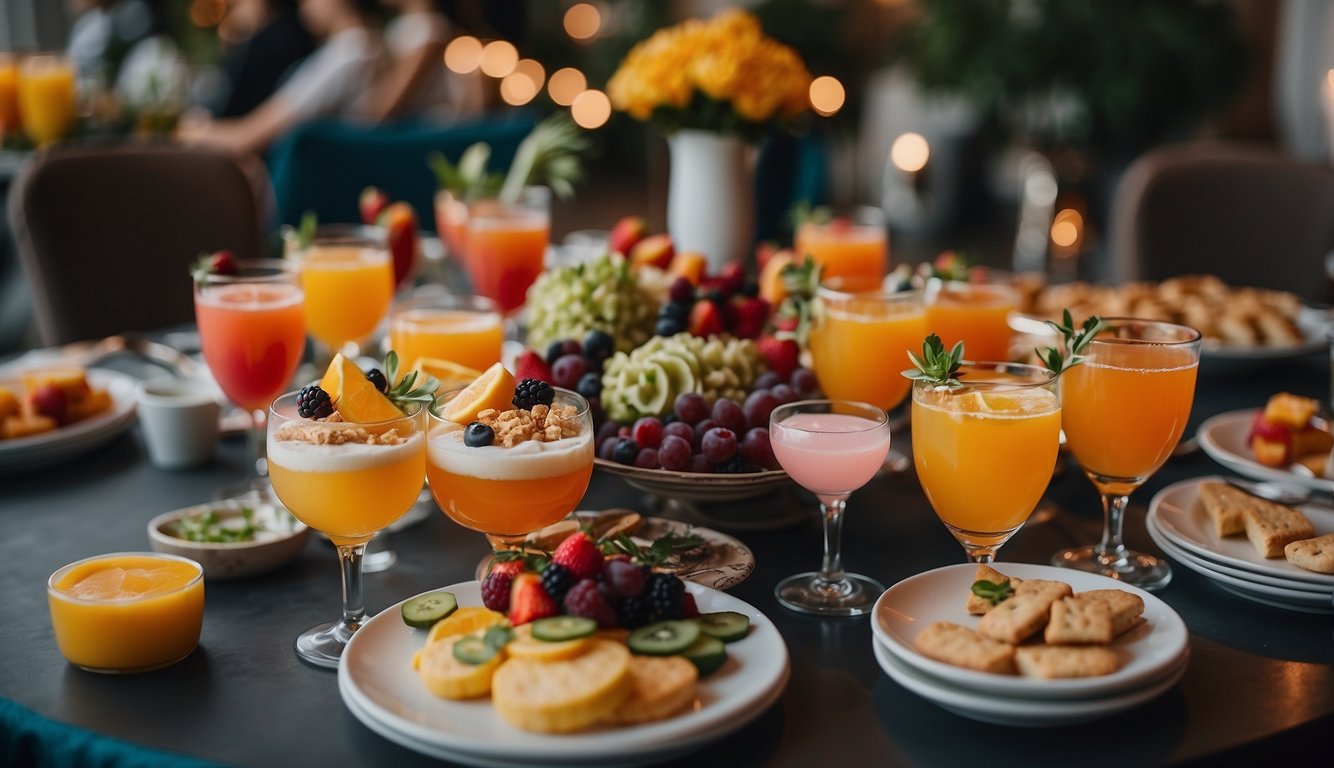 A table set with colorful and creative bachelorette party food ideas, including themed cocktails, desserts, and savory snacks. The atmosphere is lively and celebratory, with decorations reflecting unique party themes Bachelorette Party Food Ideas