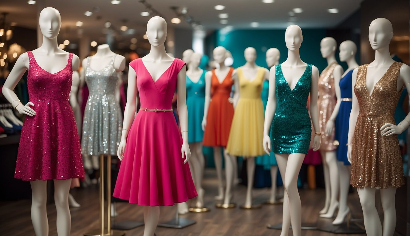 A vibrant boutique with racks of trendy dresses, sparkly accessories, and stylish shoes. A sign reads "Bachelorette Party Outfit Ideas" with mannequins dressed in fun and flirty ensembles Bachelorette Party Outfit Ideas