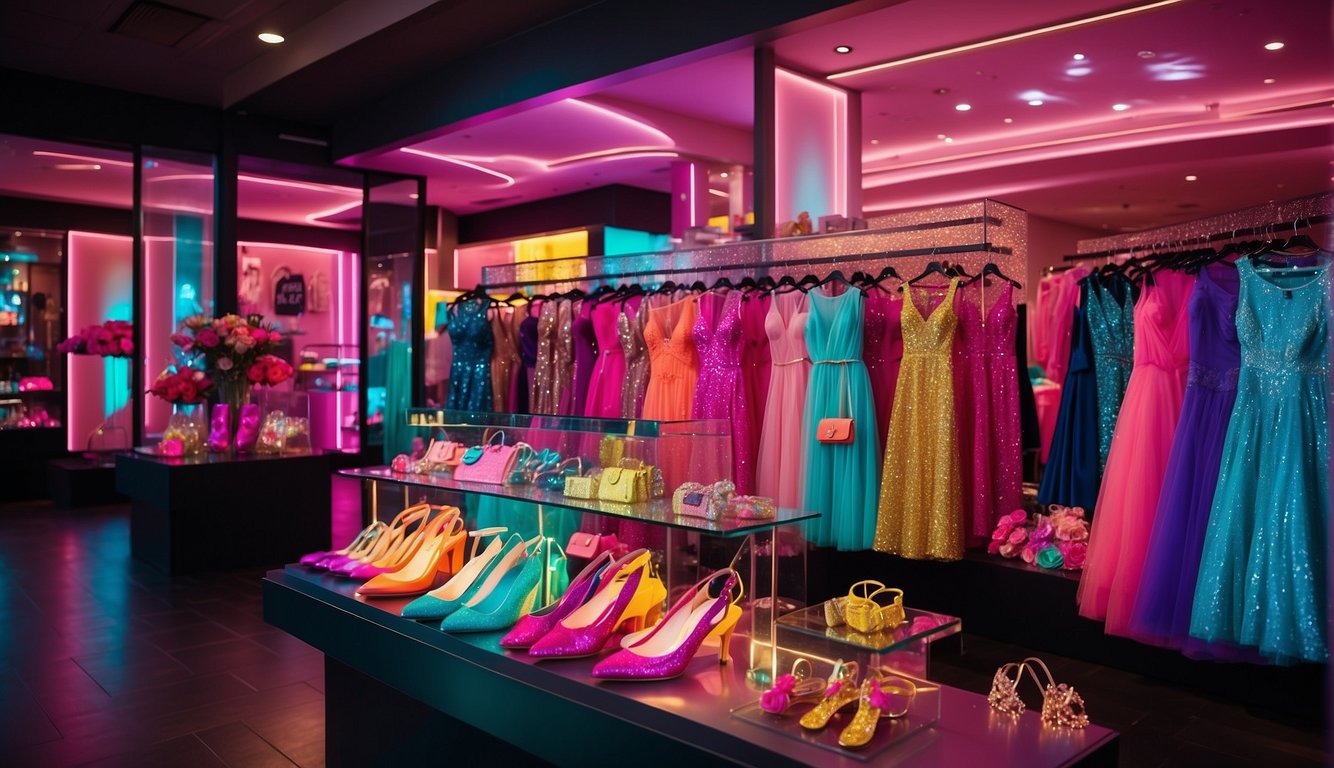 A vibrant store display showcases neon bachelorette party outfits, with glittering accessories and bold patterns. Neon lights illuminate the trendy clothing, creating a lively and exciting atmosphere for shoppers Neon Bachelorette Party Outfits