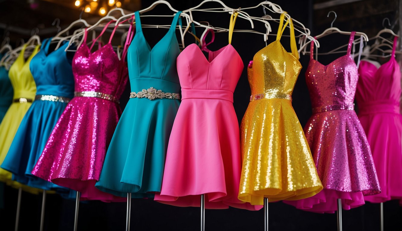 A group of neon bachelorette party outfits arranged in a vibrant display, featuring bright colors and sparkling embellishments Neon Bachelorette Party Outfits