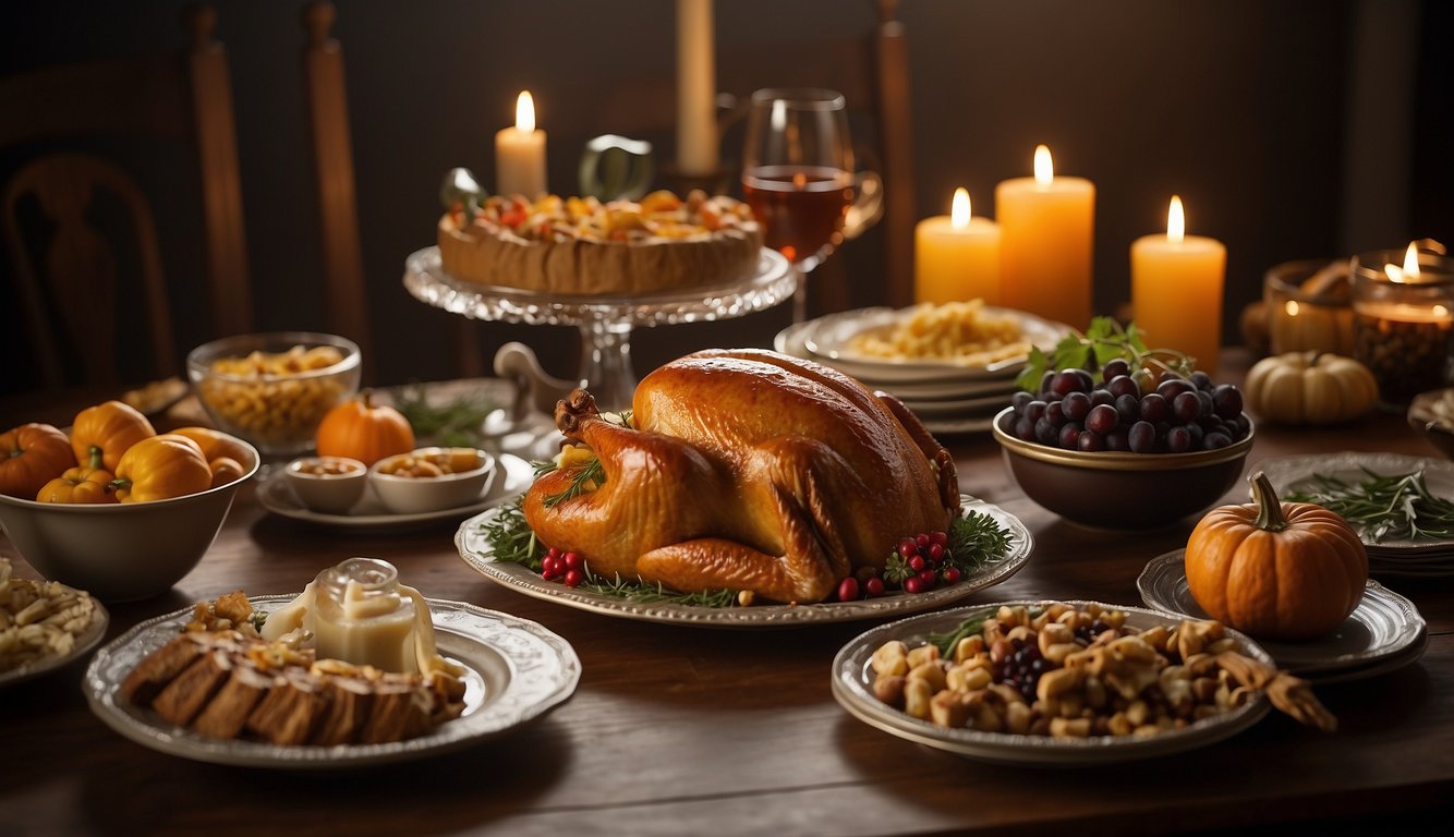 A table set with traditional Thanksgiving dishes, a menorah, and a book titled "About the Author: Do Jews Celebrate Thanksgiving?" Do Jews Celebrate Thanksgiving