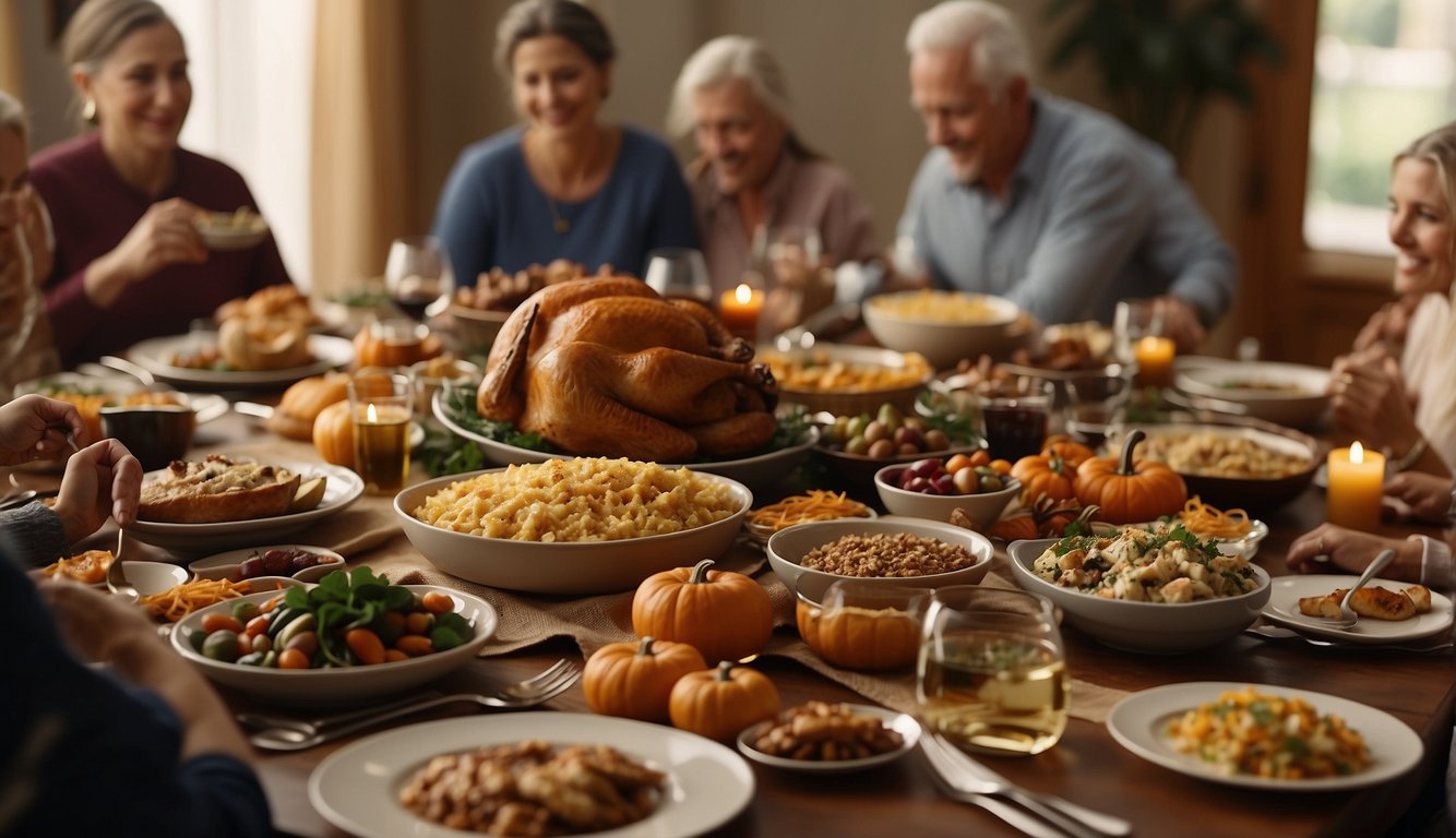 A table set with traditional Thanksgiving dishes, surrounded by family members of different ages and backgrounds, all sharing a meal and expressing gratitude Do Jews Celebrate Thanksgiving