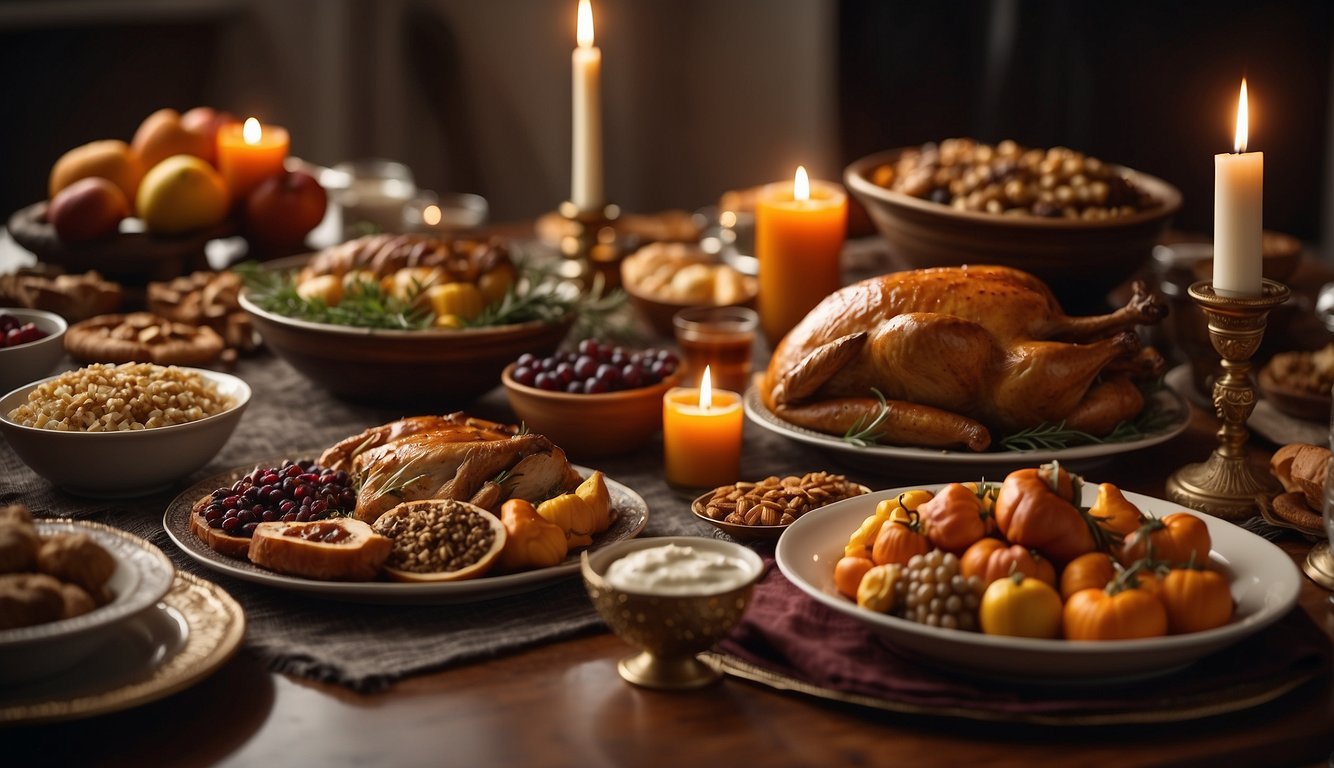A table set with traditional Thanksgiving foods, surrounded by family and friends, with a menorah and other Jewish symbols displayed Do Jews Celebrate Thanksgiving