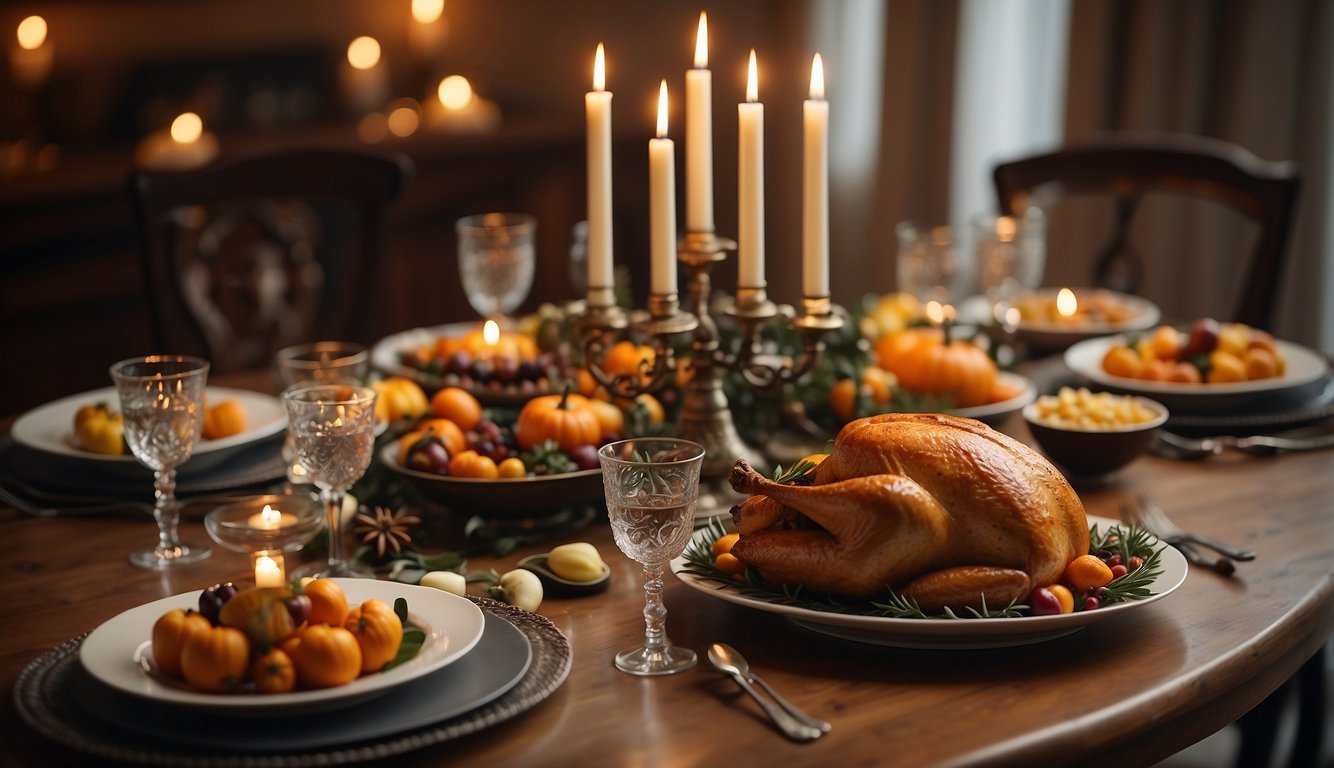 A table set with traditional Thanksgiving dishes, with a menorah and other Jewish symbols nearby Do Jews Celebrate Thanksgiving