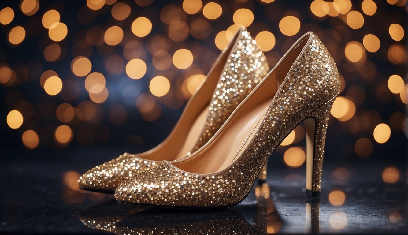 A sparkling sequin dress and glittering high heels on a velvet backdrop Glitz and Glam Bachelorette Outfit