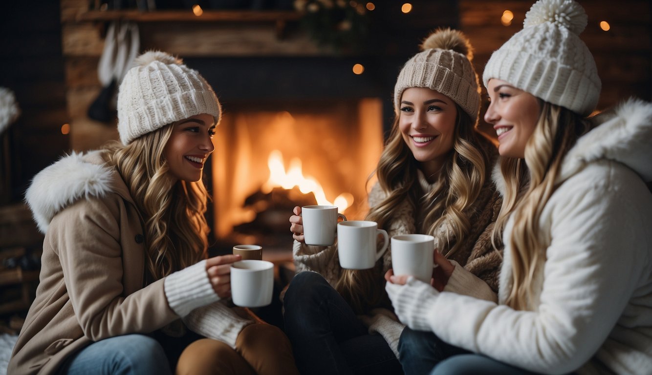 A group of women wearing cozy winter bachelorette outfits, sipping hot drinks and chatting around a crackling fire in a snow-covered cabin Winter Bachelorette Outfits