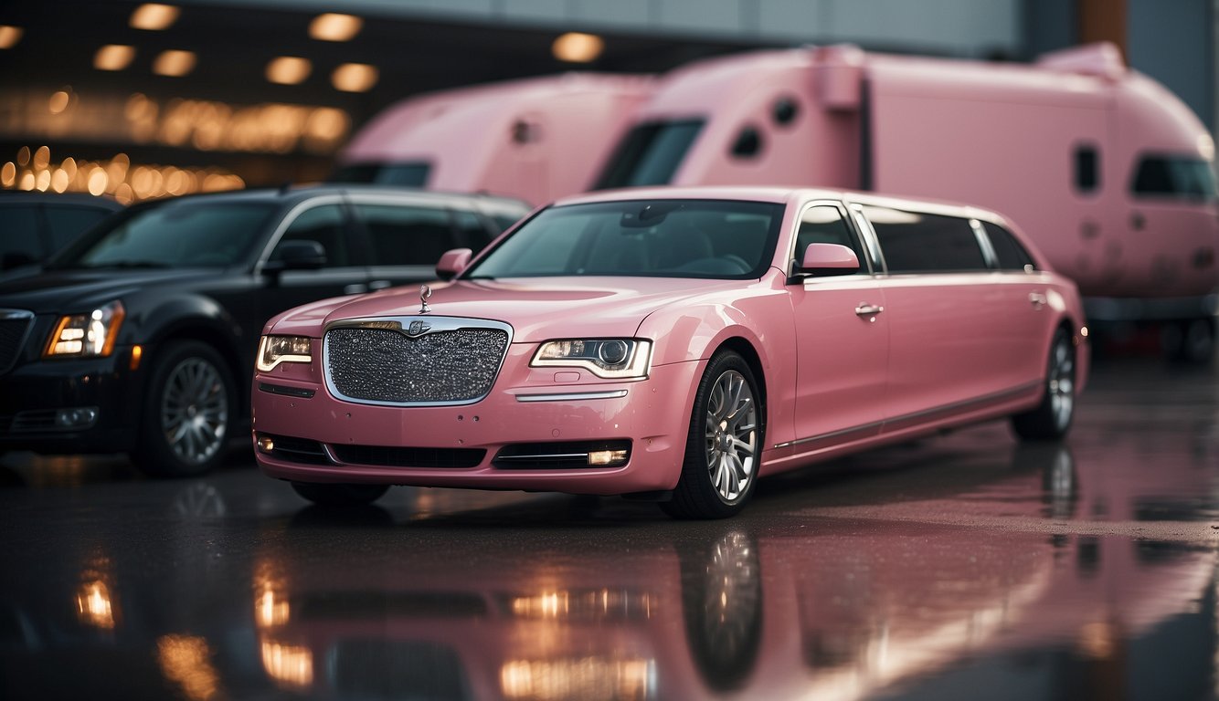 A sparkling pink limousine surrounded by glittering cargo trucks and airplanes Glitz and Glam Bachelorette Outfit