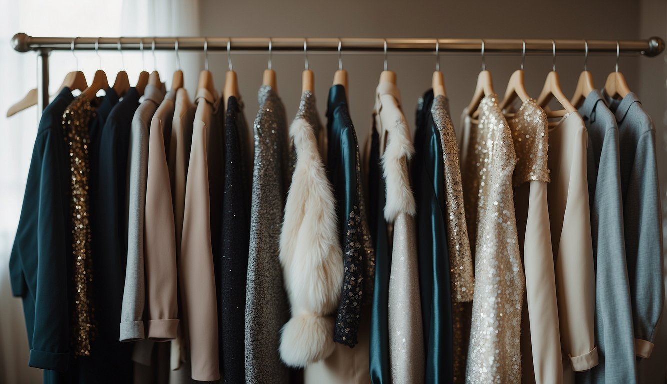 A group of custom and handmade bachelorette outfits hang on a clothing rack, showcasing winter-themed designs and accessories Winter Bachelorette Outfits