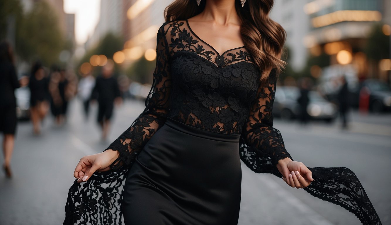 A sleek black bachelorette outfit with intricate lace details and bold, modern accessories Black Bachelorette Outfit Ideas