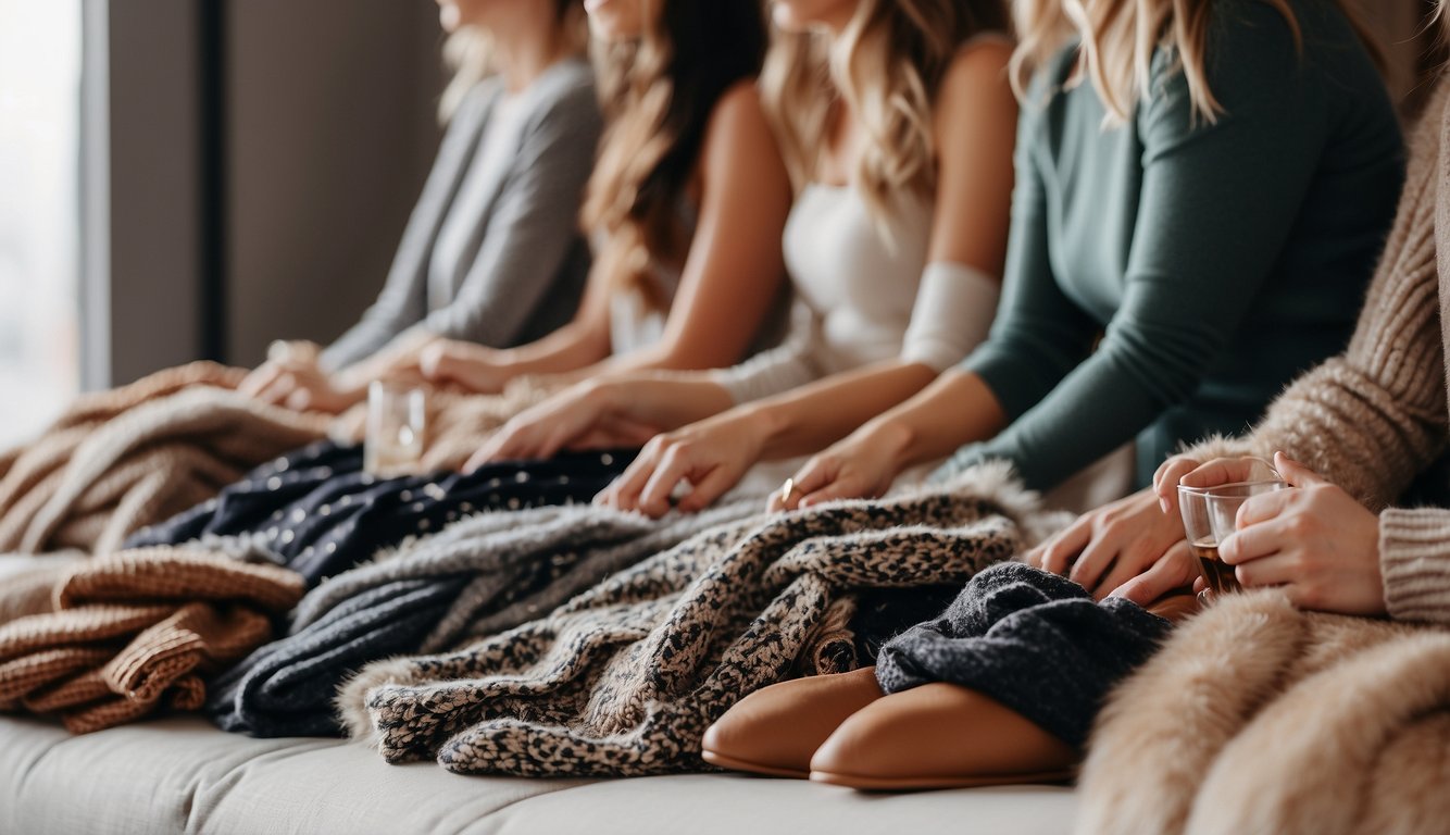 Women laying out sparkly dresses, cozy sweaters, and furry boots for a winter bachelorette party. Accessories like scarves, hats, and gloves are also arranged neatly Winter Bachelorette Outfits