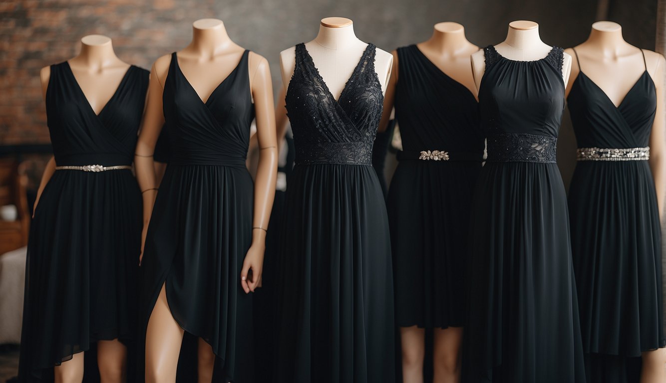 A sleek, modern black bachelorette outfit hangs on a clothing rack, featuring a form-fitting dress and stylish accessories Black Bachelorette Outfit Ideas