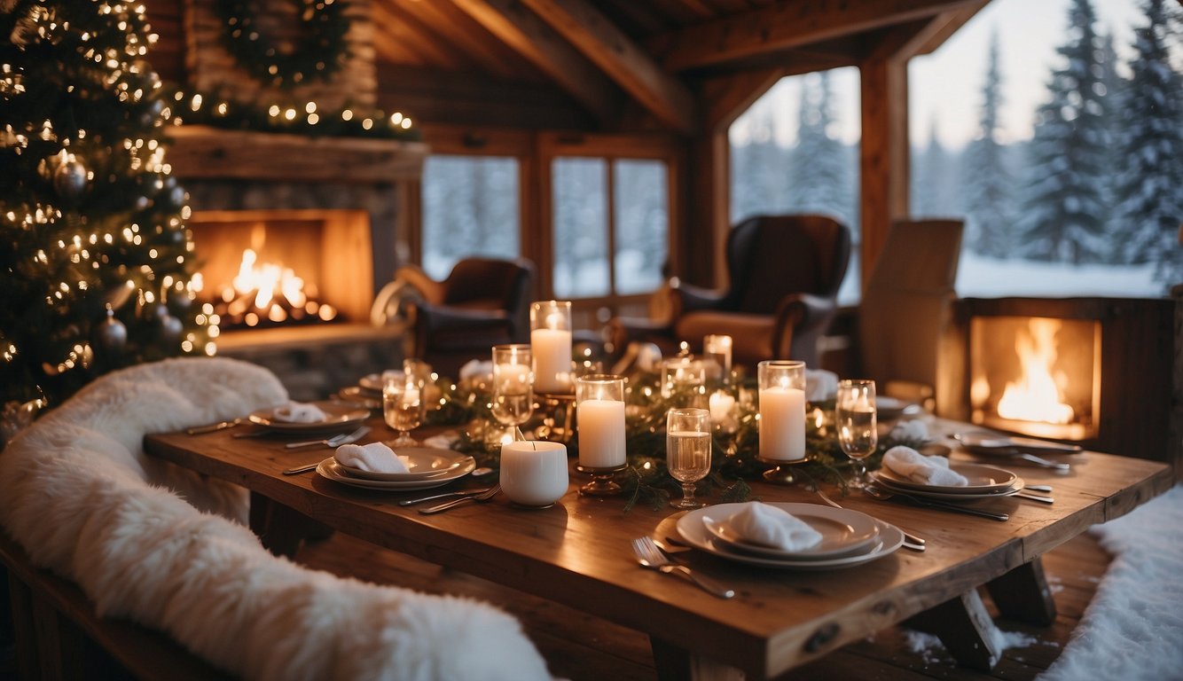 A cozy cabin with snow-covered trees, a roaring fireplace, and a table set with hot cocoa and winter-themed bachelorette outfits laid out for the bride and her friends to choose from Winter Bachelorette Outfits