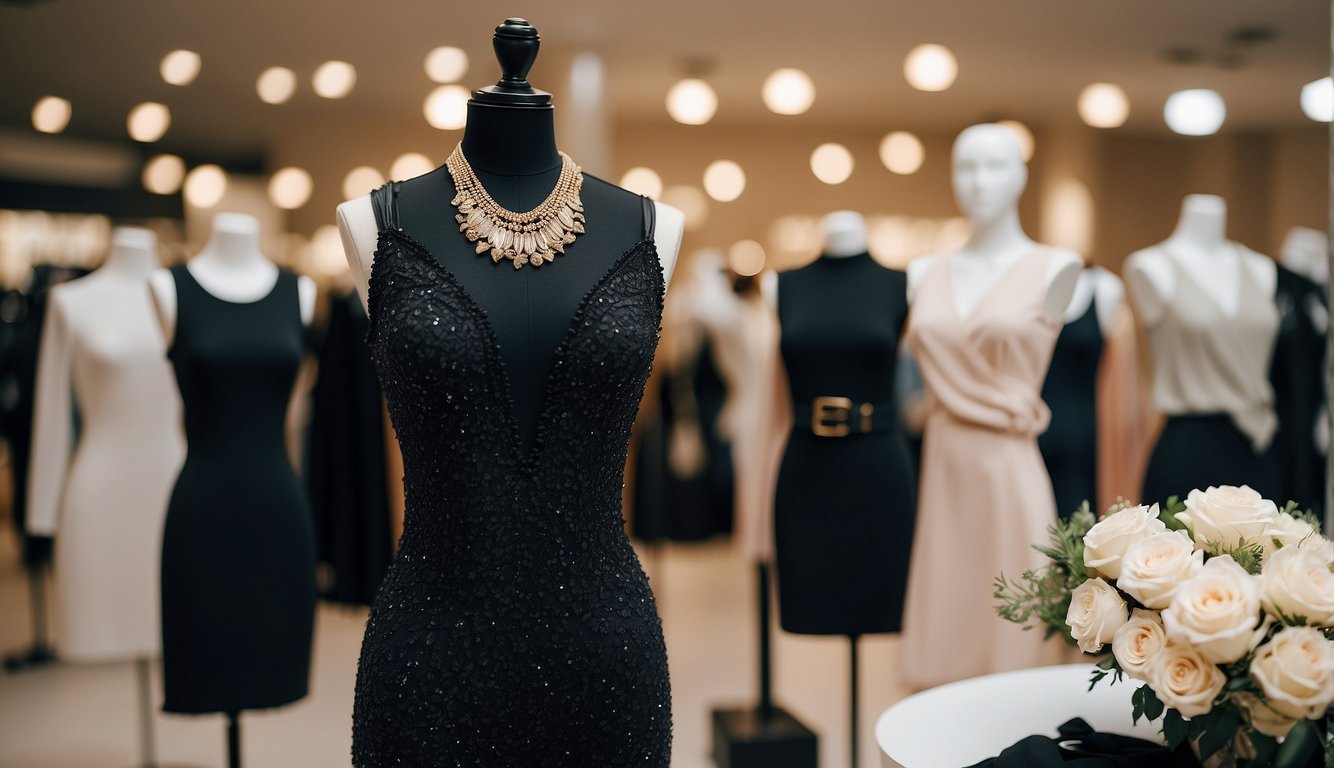 A black bachelorette outfit displayed on a mannequin in a trendy retail store, surrounded by other stylish clothing and accessories Black Bachelorette Outfit Ideas