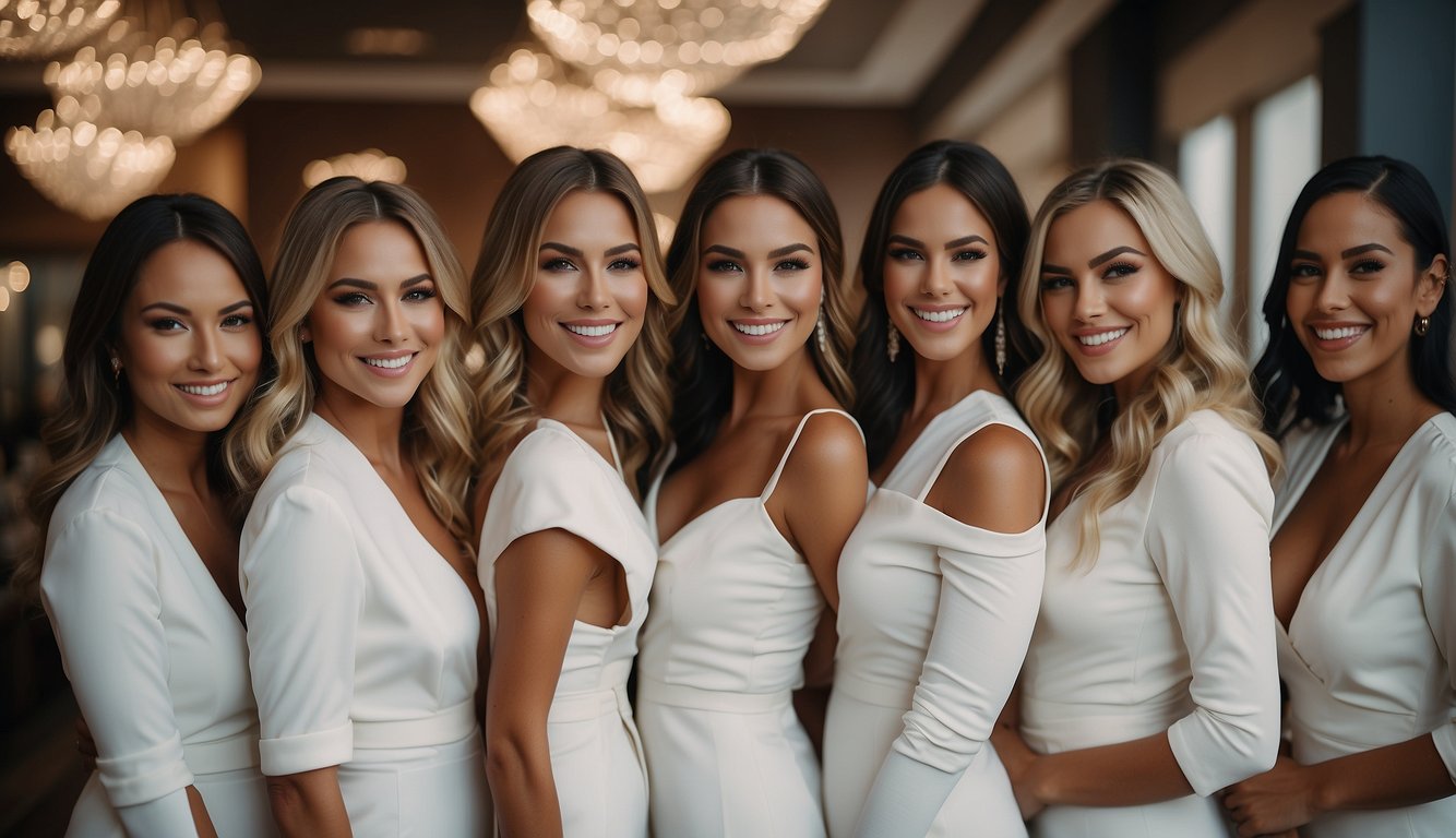 A group of women in matching white bachelorette outfits, posing together with coordinated accessories and smiles White Bachelorette Outfits