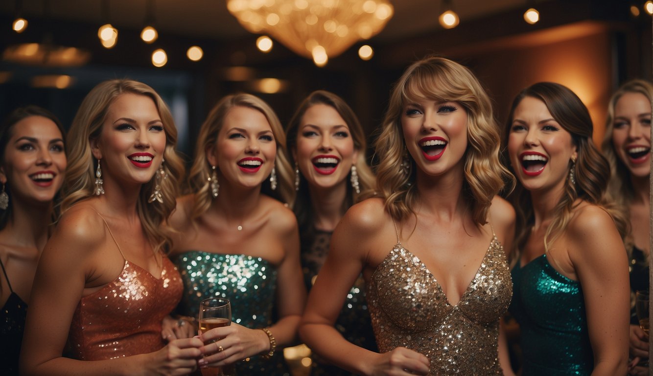 A group of women wearing Taylor Swift themed attire, dancing and singing along to her music at a bachelorette party. Decorations include Swift's album covers and lyrics Taylor Swift Themed Bachelorette Party