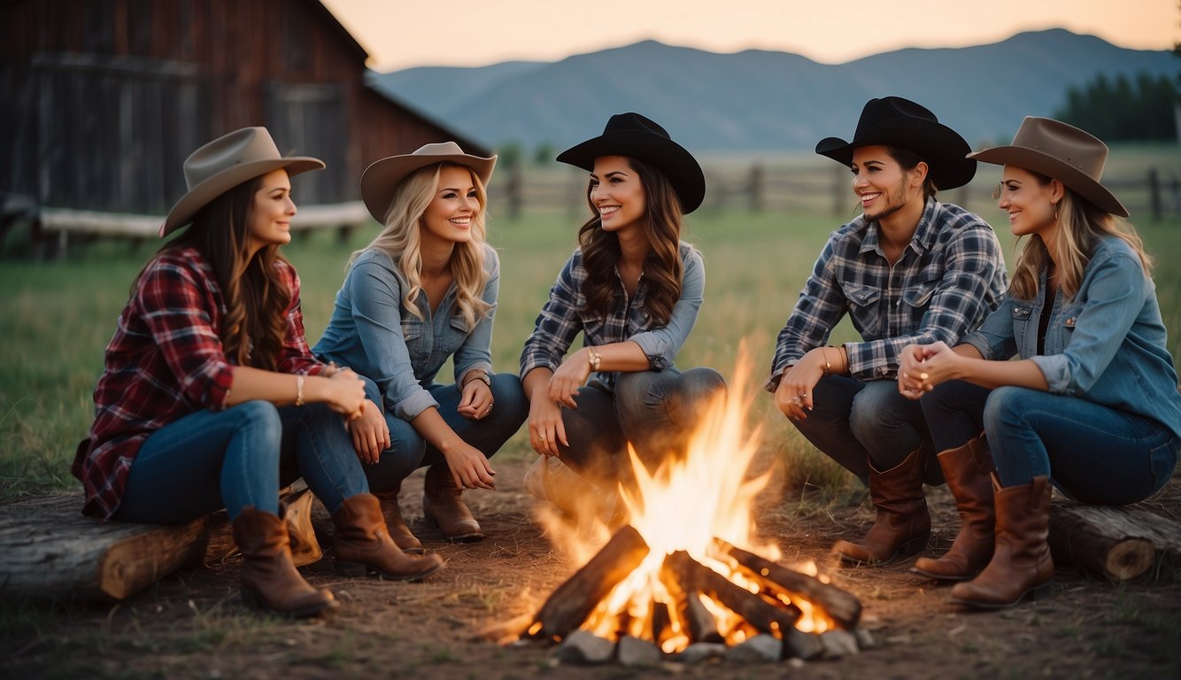 A group of women wearing cowboy boots, denim skirts, plaid shirts, and cowboy hats, gathered around a campfire with a rustic barn in the background Western Bachelorette Outfits