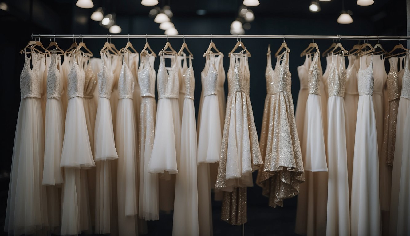 A rack of pristine white bachelorette outfits on display White Bachelorette Outfits