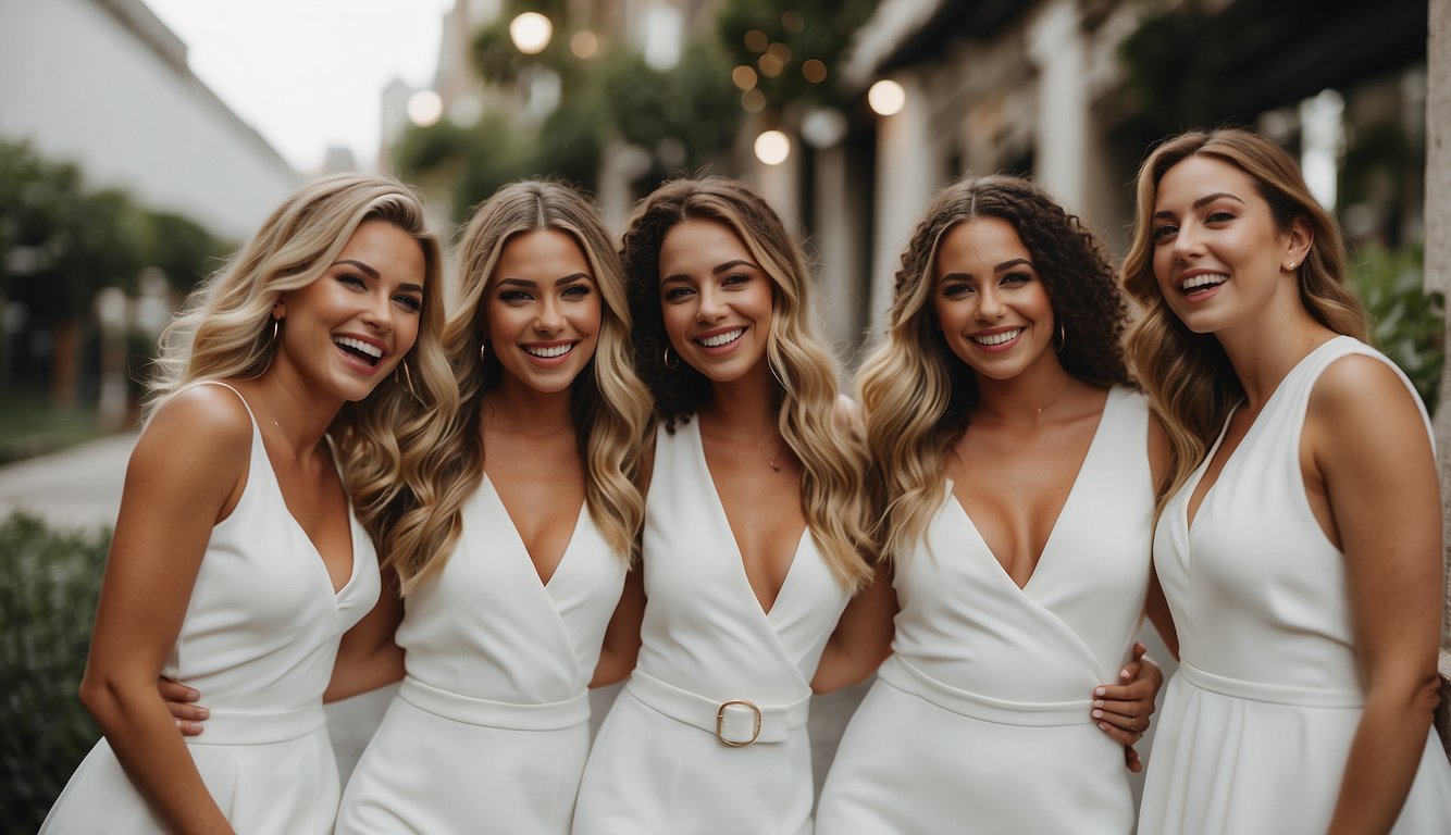 A group of friends in matching white bachelorette outfits pose for a photo, laughing and embracing each other, creating lasting memories of their friendship White Bachelorette Outfits