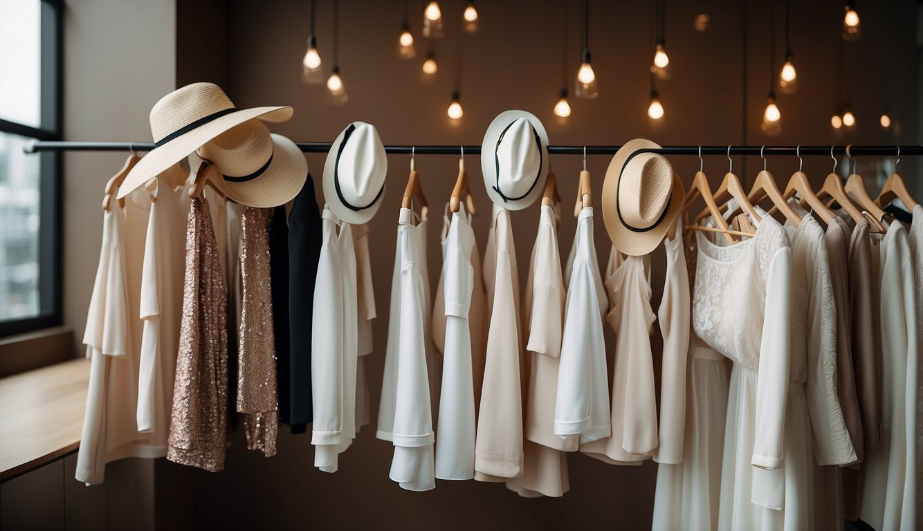 A group of white bachelorette outfits hanging on a clothing rack, with accessories like hats, sunglasses, and sandals displayed nearby White Bachelorette Outfits
