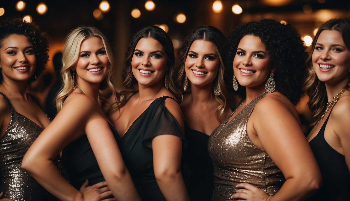 A group of stylish plus-size bachelorettes in glamorous outfits, ready to dance the night away at a lively venue Plus Size Bachelorette Outfits