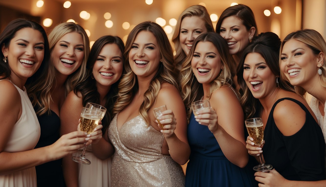 A group of diverse plus-size mannequins in stylish bachelorette outfits, laughing and dancing at a vibrant party Plus Size Bachelorette Outfits