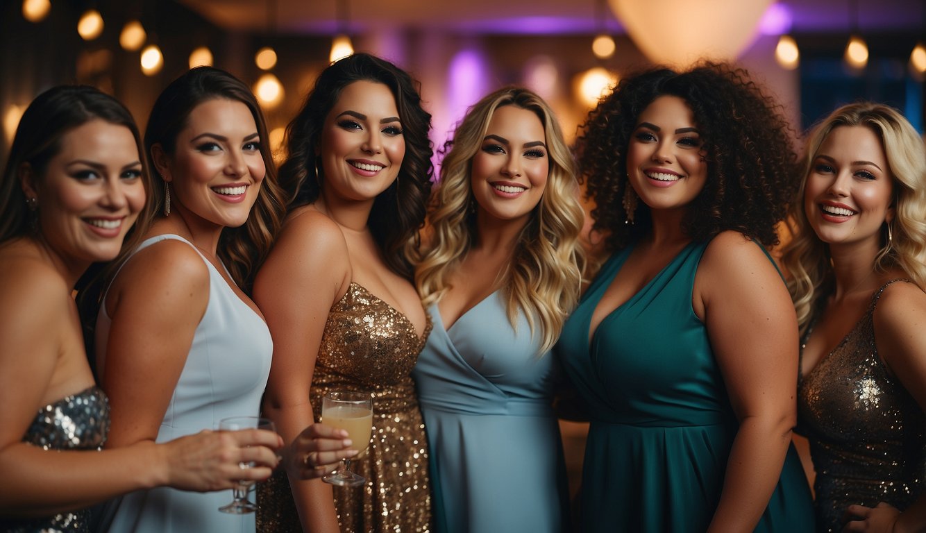 A group of plus-size women celebrate at a bachelorette party, wearing stylish and trendy outfits, with a wedding theme in the background Plus Size Bachelorette Outfits