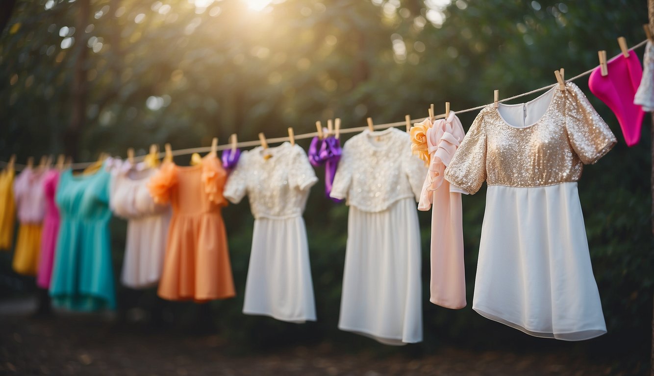 White bachelorette outfits hung on a clothesline, surrounded by colorful party decorations and accessories White Bachelorette Outfits