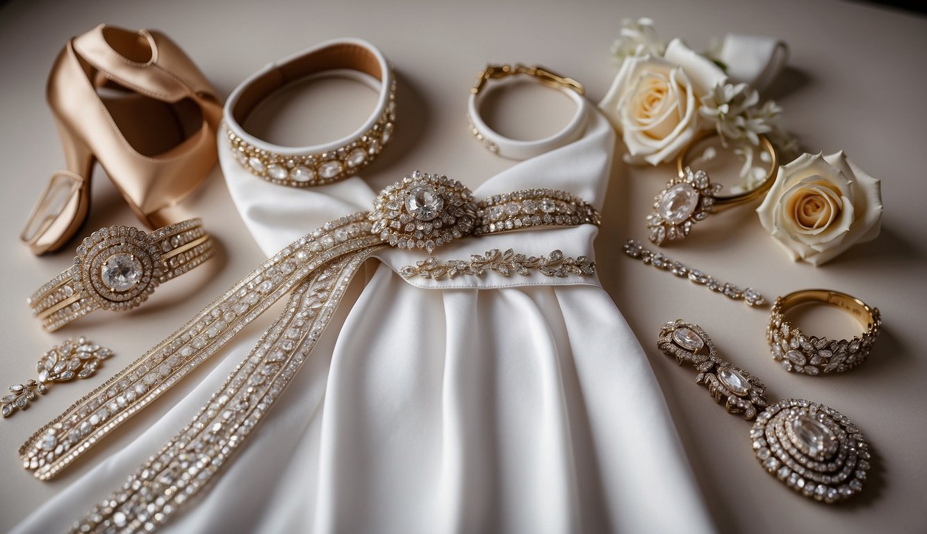 A group of white bachelorette outfits laid out with various accessories like sashes, tiaras, and matching jewelry White Bachelorette Outfits