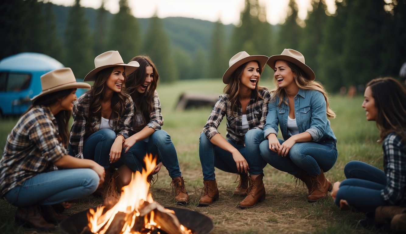 Cowboy boots, denim shorts, plaid shirt, and a cowgirl hat. A group of women laughing and dancing around a campfire Western Bachelorette Outfits