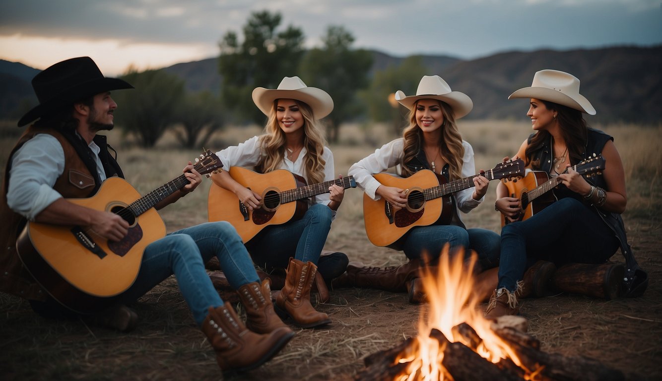 A group of women wearing cowboy boots, fringe vests, and cowboy hats, gathered around a campfire with guitars and drinks Western Bachelorette Outfits