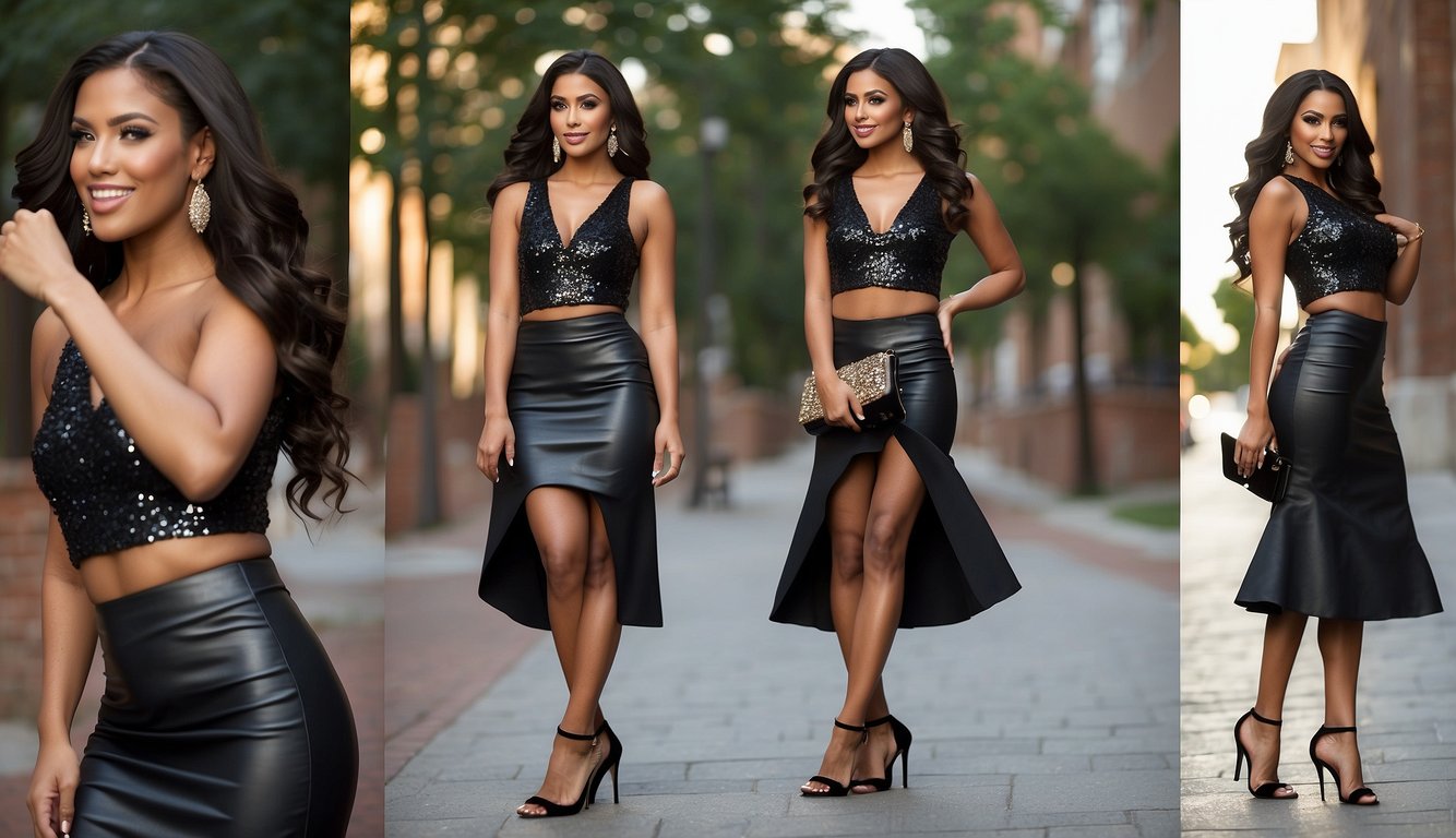 A black bachelorette outfit with sequined top, leather skirt, and high heels, accessorized with statement earrings and a sleek clutch Black Bachelorette Outfit Ideas