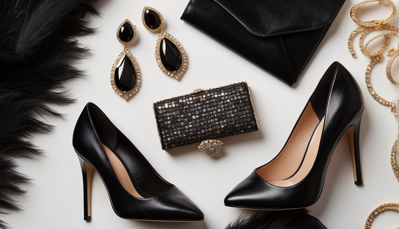 A black bachelorette outfit is laid out on a white table, surrounded by statement earrings, a sparkly clutch, and a pair of strappy heels Black Bachelorette Outfit Ideas