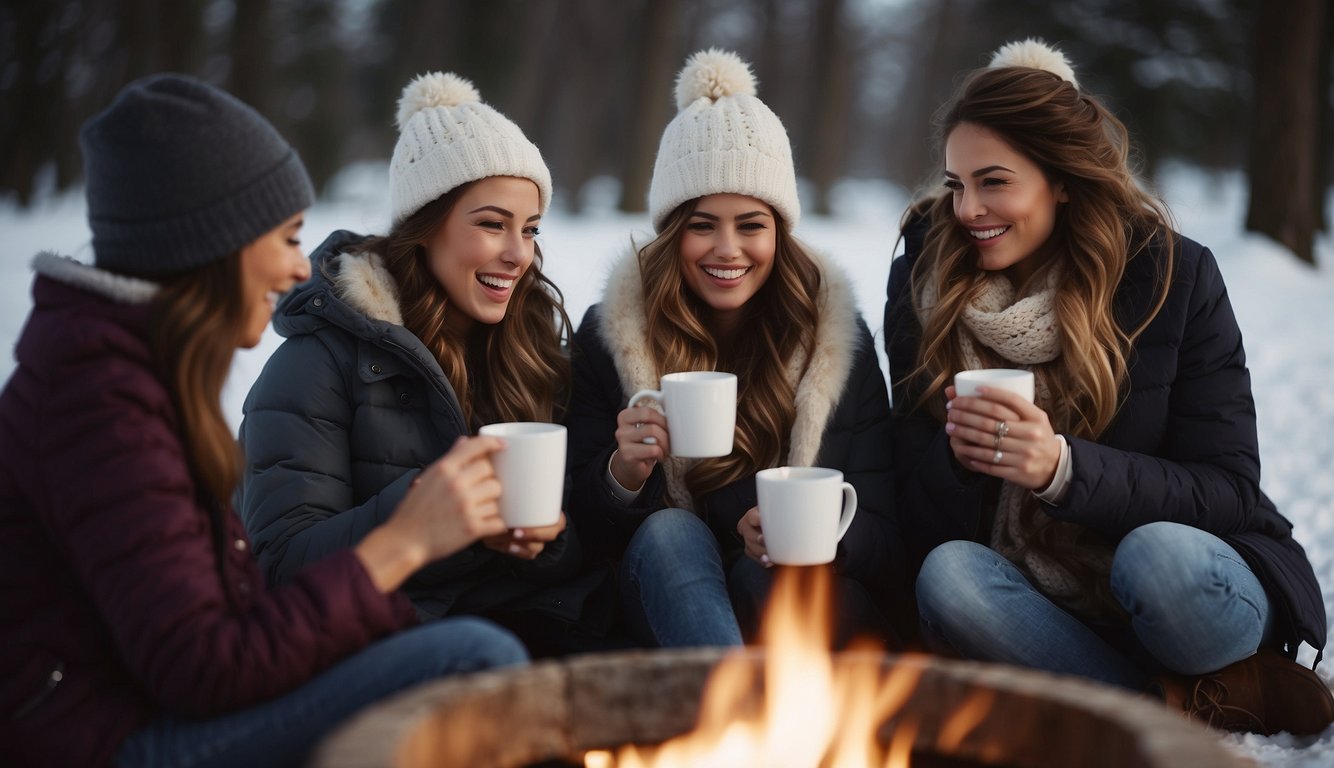 Women in cozy winter outfits, sipping hot drinks by a bonfire. Laughter and chatter fill the air as they celebrate the bride-to-be Winter Bachelorette Outfits