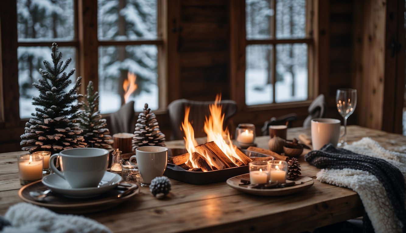 A cozy cabin with snow-covered trees, a crackling fire, and a group of stylish winter outfits laid out on a rustic wooden table Winter Bachelorette Outfits