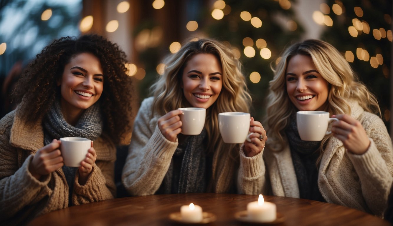 A group of women wearing stylish winter outfits for a bachelorette party, with cozy sweaters, scarves, and boots, sipping on hot drinks and laughing together Winter Bachelorette Outfits