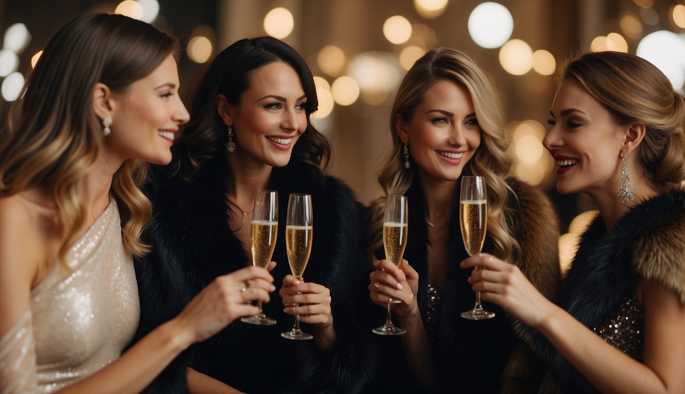 A group of women in elegant winter attire, sipping champagne and chatting at a glamorous evening celebration. Sparkling dresses, fur shawls, and stylish accessories complete their bachelorette outfits Winter Bachelorette Outfits