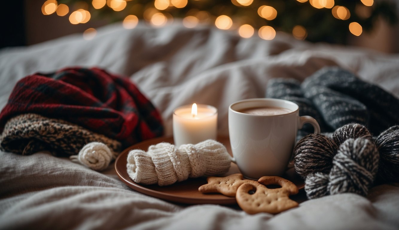 Winter bachelorette outfits laid out on a bed with cozy scarves, hats, and boots. A hot cocoa mug and festive decorations add to the cozy atmosphere Winter Bachelorette Outfits