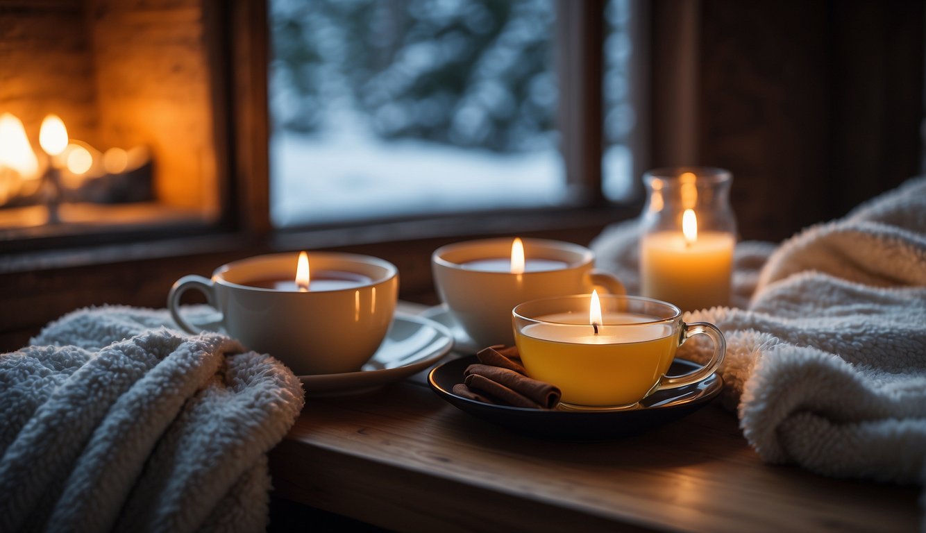 Cozy robes, slippers, and plush blankets in a snowy cabin setting. Hot tea and candles add to the serene atmosphere Winter Bachelorette Outfits