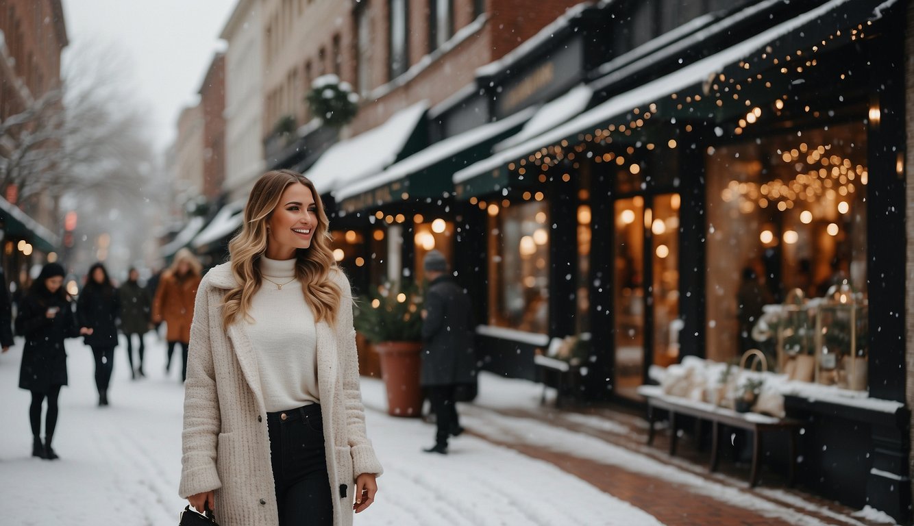 A snowy street lined with trendy boutiques, displaying cozy sweaters, stylish boots, and sparkly accessories for a winter bachelorette party Winter Bachelorette Outfits