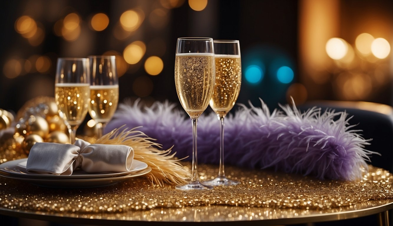 A table set with glittering champagne flutes, a sparkling sequin dress, and a feather boa draped over a chair Glitz and Glam Bachelorette Outfit