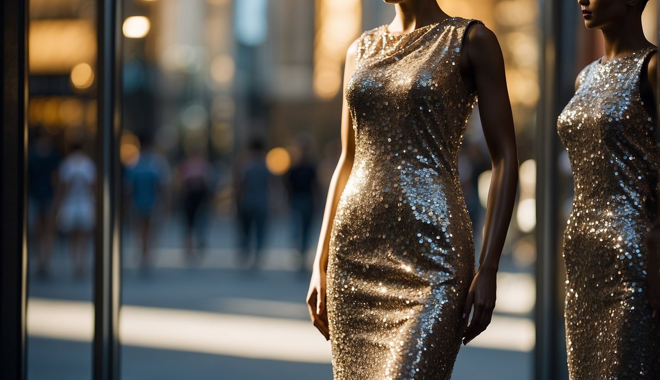 A sparkling sequin dress and shimmering heels stand out in a boutique window display, catching the light and exuding glamour Glitz and Glam Bachelorette Outfit