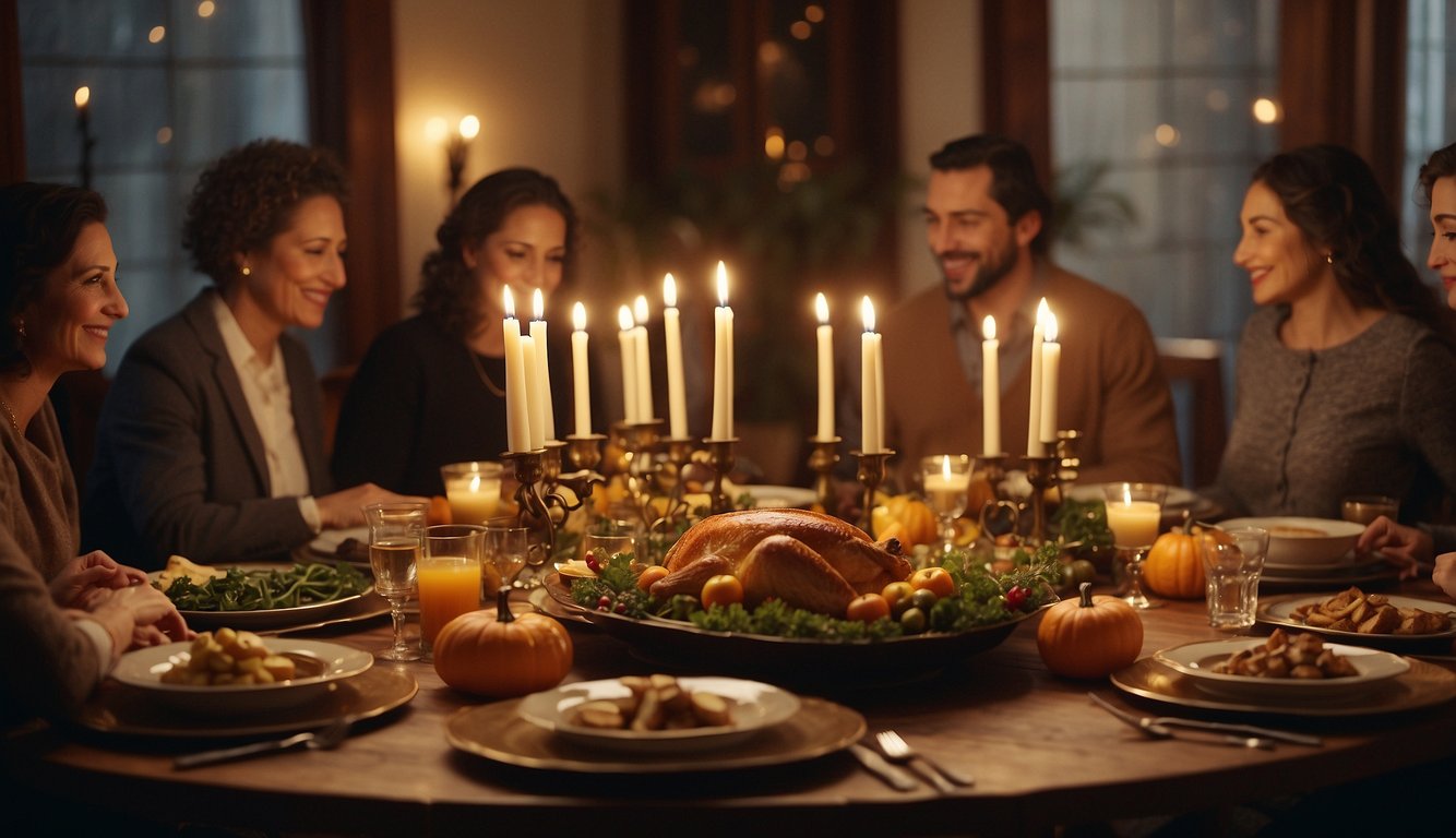 Jewish families gather around a table, lighting candles and sharing a festive meal in celebration of Thanksgiving, with traditional dishes and symbols of gratitude Do Jews Celebrate Thanksgiving
