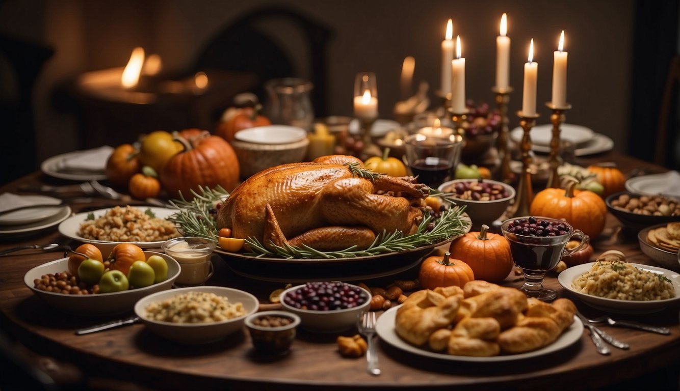A table set with traditional Jewish foods for Thanksgiving, surrounded by family members in prayer and celebration Do Jews Celebrate Thanksgiving