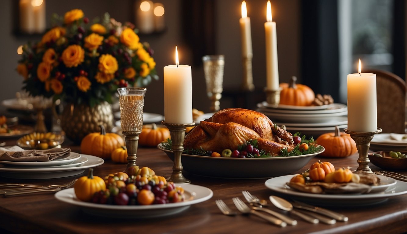 A table set with traditional Thanksgiving dishes, adorned with fall decorations and a menorah Do Jews Celebrate Thanksgiving