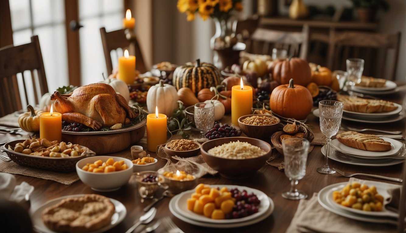 A table set with traditional Thanksgiving food, surrounded by family photos and Jewish symbols Do Jews Celebrate Thanksgiving
