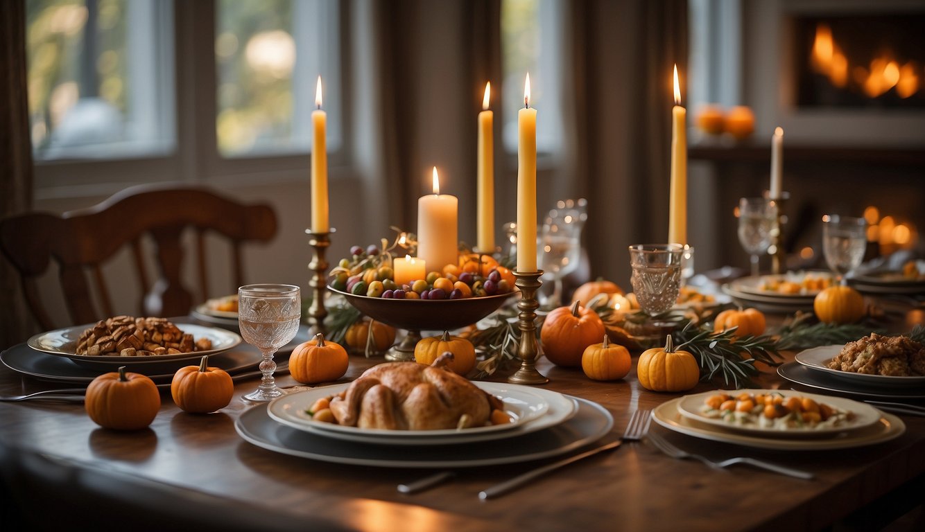 A table set with traditional Thanksgiving dishes, a menorah, and a Star of David centerpiece Do Jews Celebrate Thanksgiving