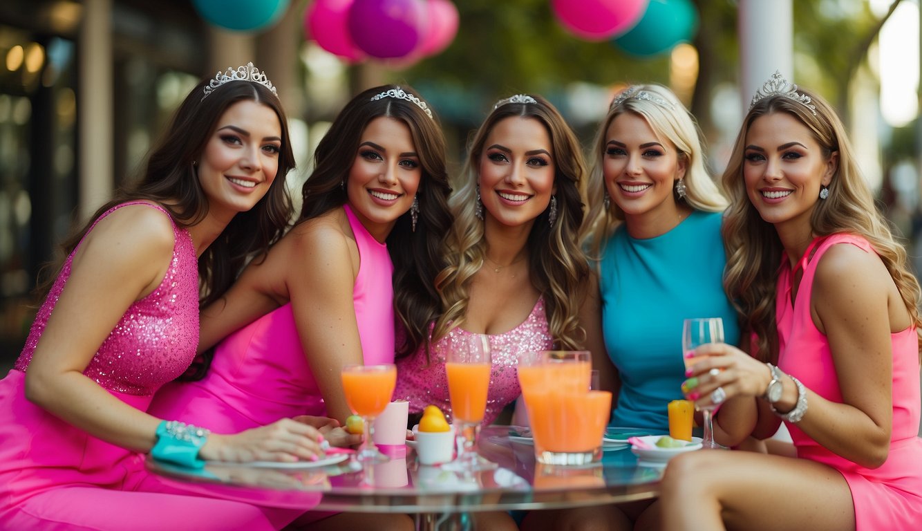 A group of women in vibrant neon outfits, planning a bachelorette party with neon decorations and accessories Neon Bachelorette Party Outfits