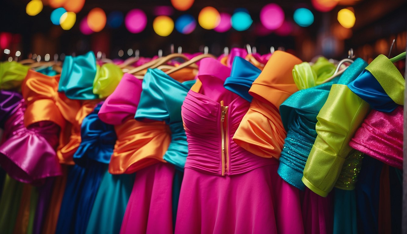 A group of neon bachelorette party outfits arranged in a vibrant display Neon Bachelorette Party Outfits
