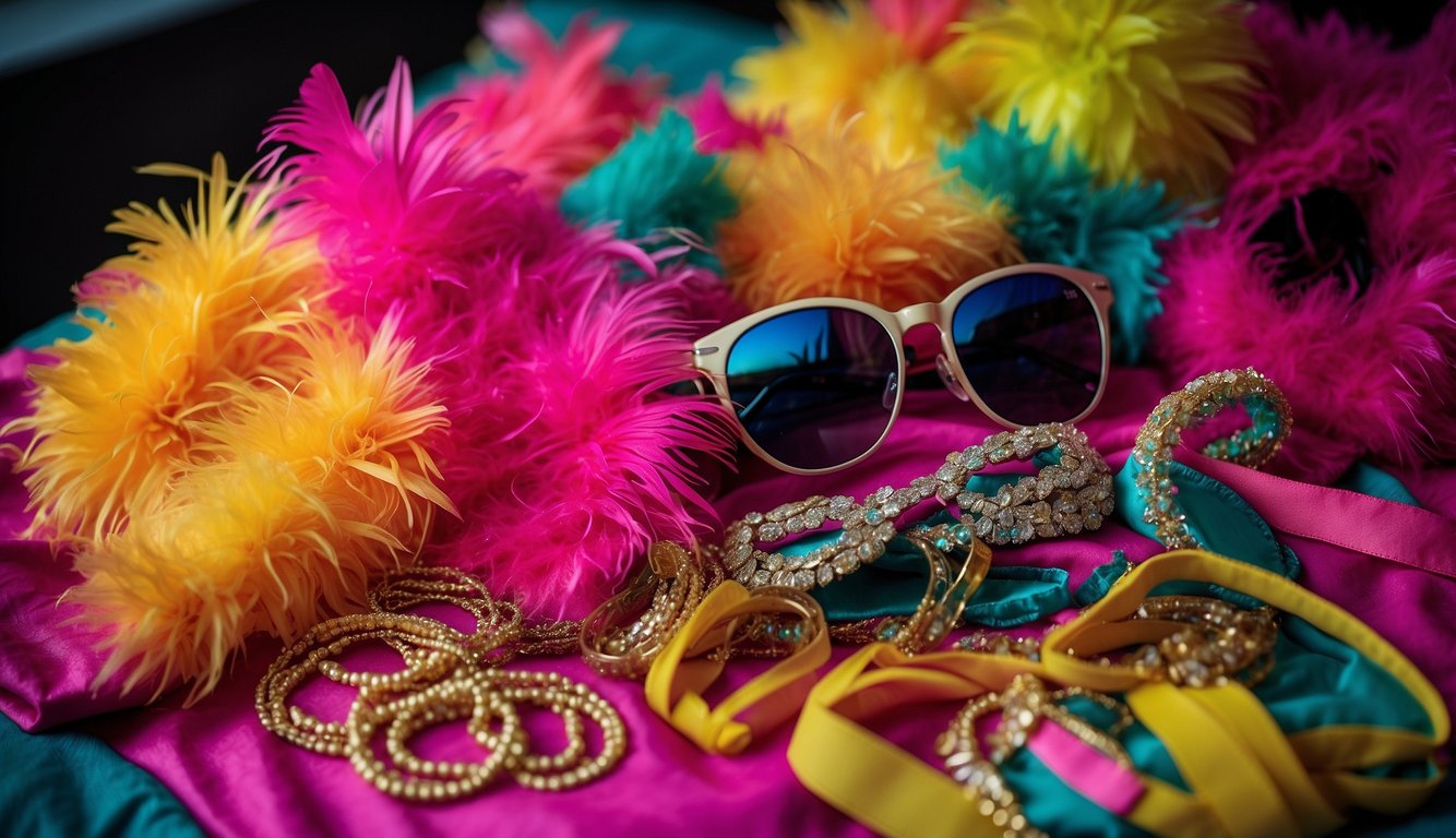 A group of neon bachelorette party outfits laid out on a bed, including bright accessories like sunglasses, jewelry, and feather boas Neon Bachelorette Party Outfits